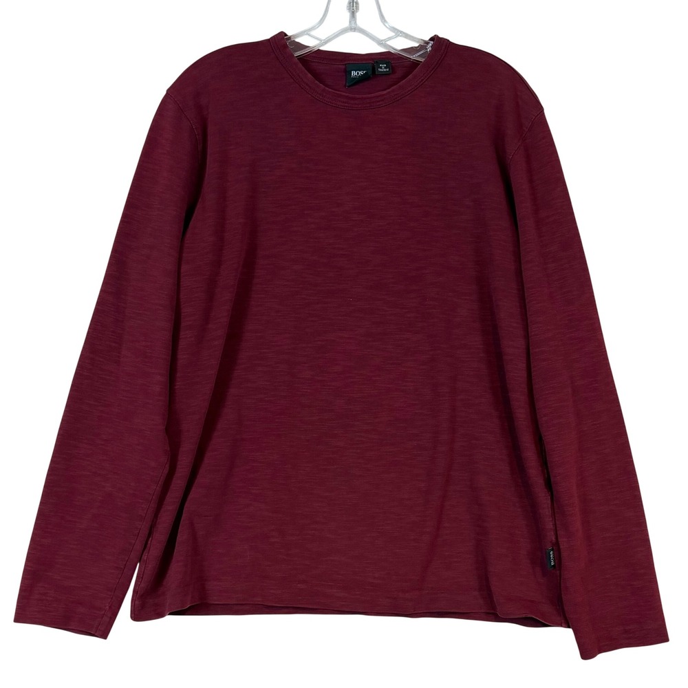 HUGO BOSS Mens Slim Fit Long Sleeve T-Shirt Burgundy Slub Cotton XL Layering